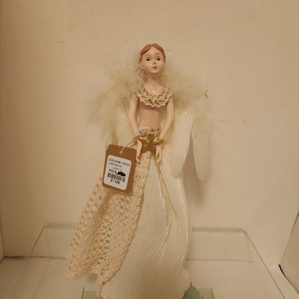 Pottery World NWT 12" Porcelain Crotchet Christmas Angel Tree Topper